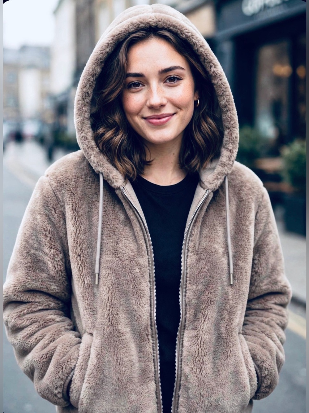 H&M Plush Hooded Teddy Jacket in Taupe. NWT